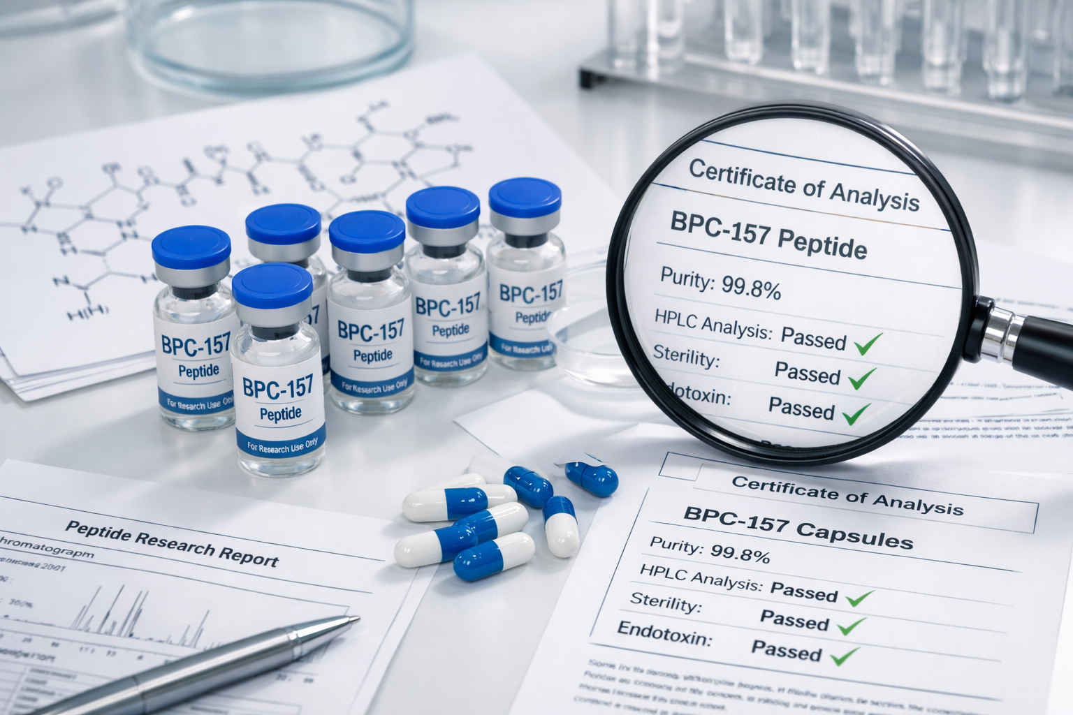 Scientific laboratory scene showing BPC-157 peptide vials and capsules arranged on sterile white surface with molecular structure diagrams, 