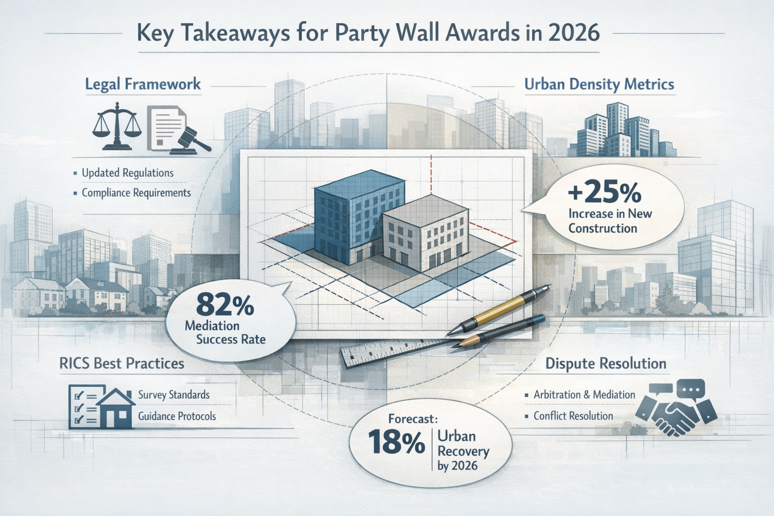Infographic-style visual summarizing Key Takeaways for Party Wall Awards in 2026, featuring a modern urban landscape split