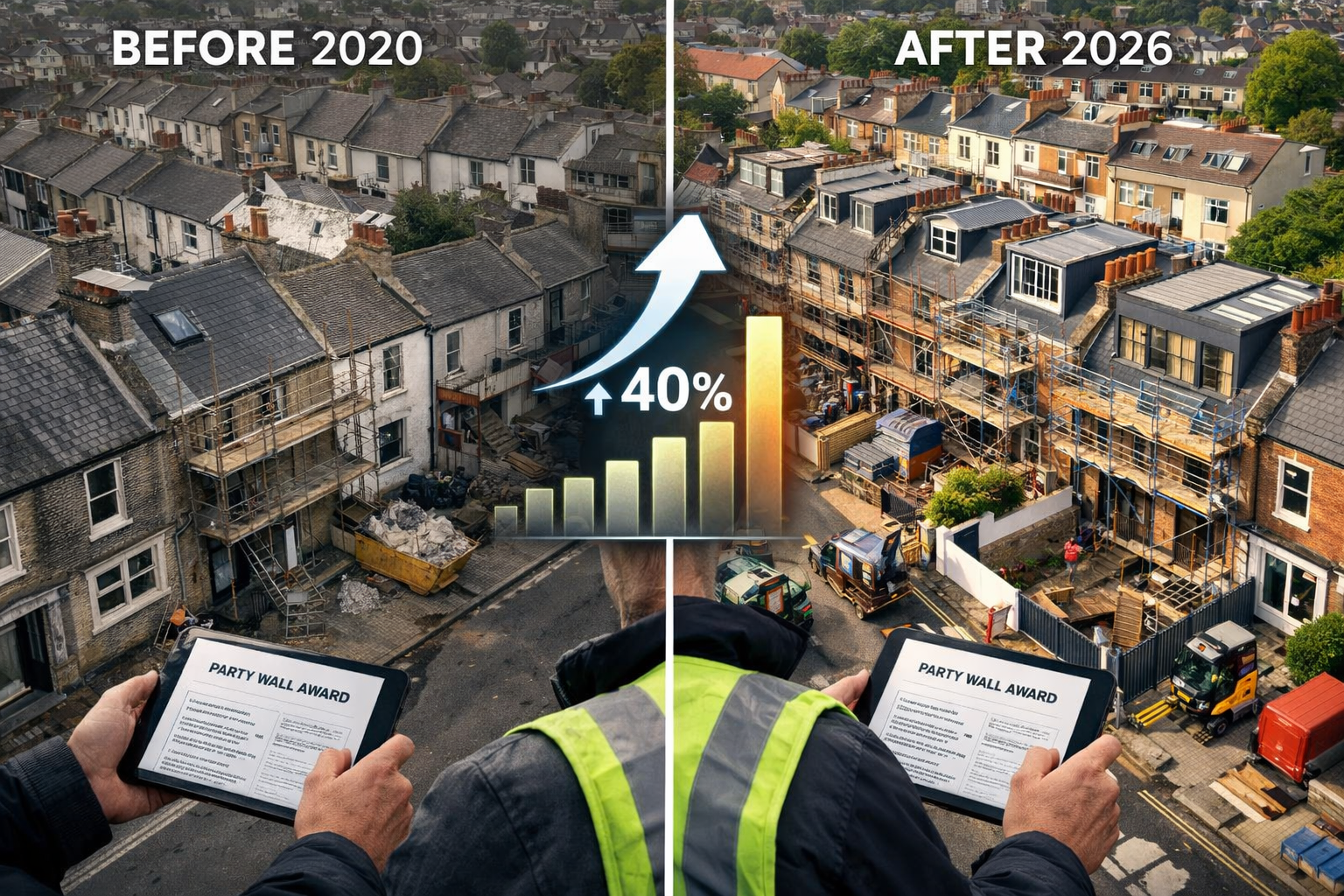 () split-screen comparison image showing 'Before' and 'After' urban recovery scenarios in high-density English neighborhood.