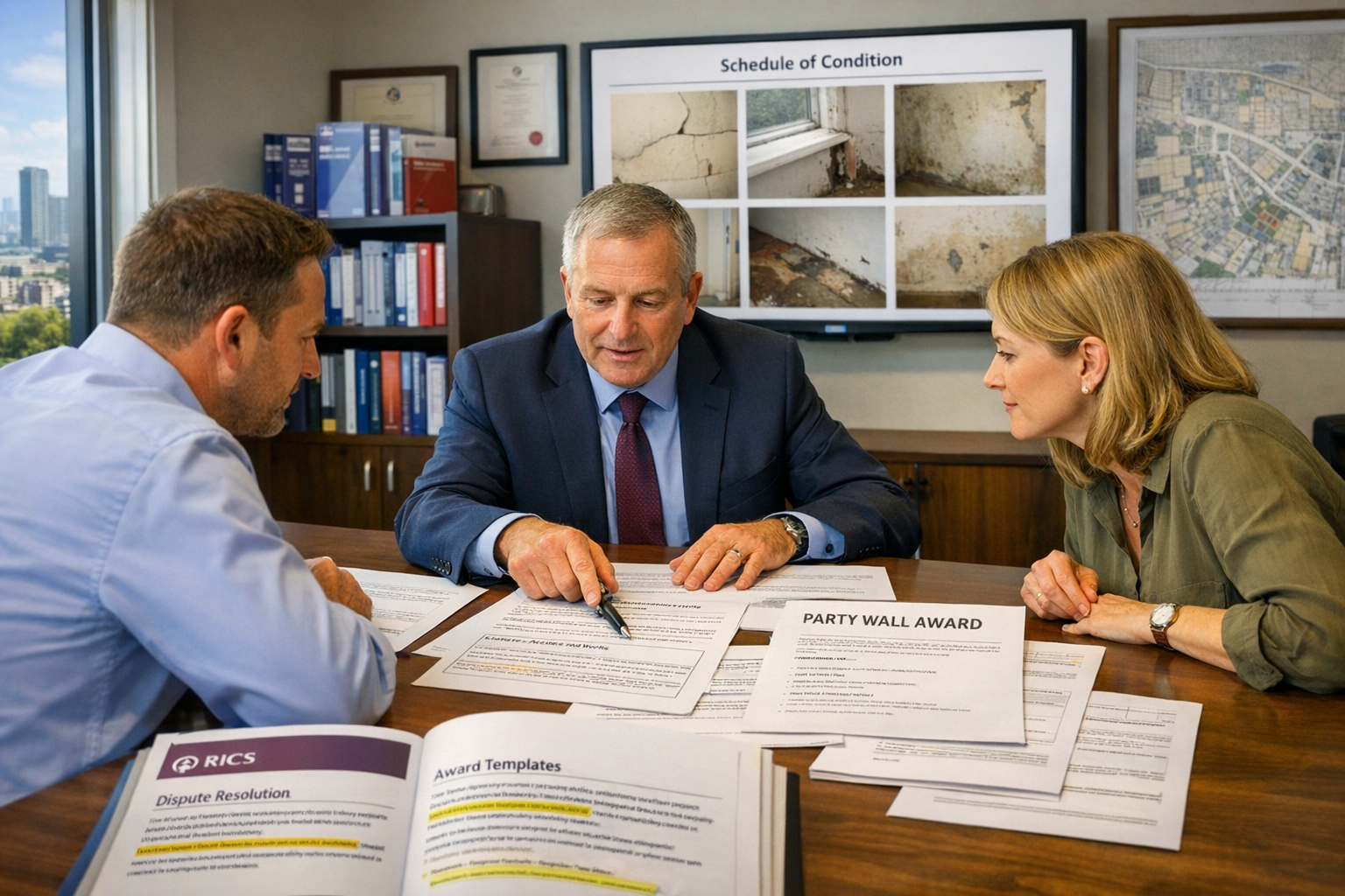 () professional scene inside modern surveyor's office showing RICS-accredited party wall surveyor conducting mediation