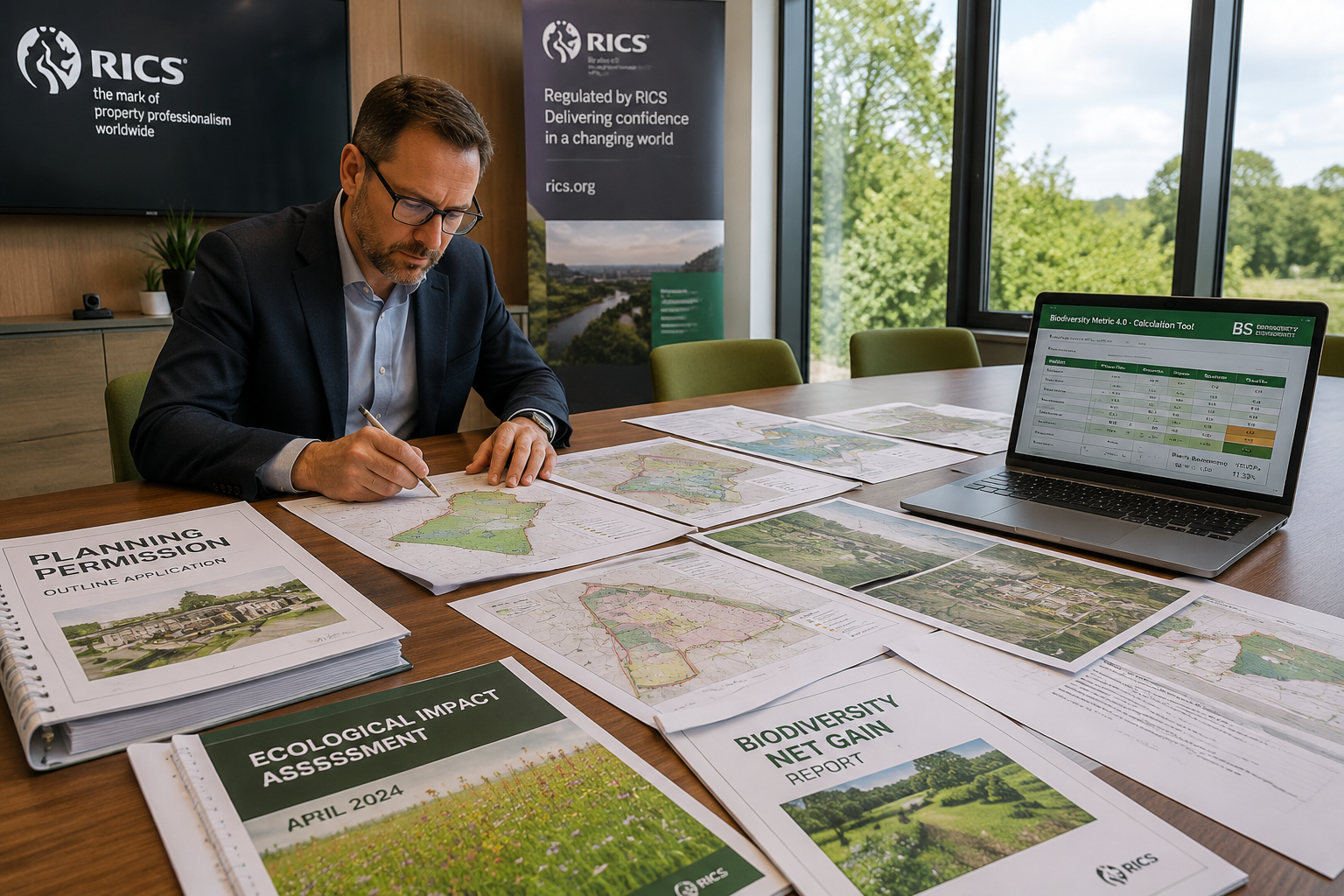 Wide-angle editorial photograph of a RICS-accredited expert witness surveyor reviewing biodiversity metric calculations and