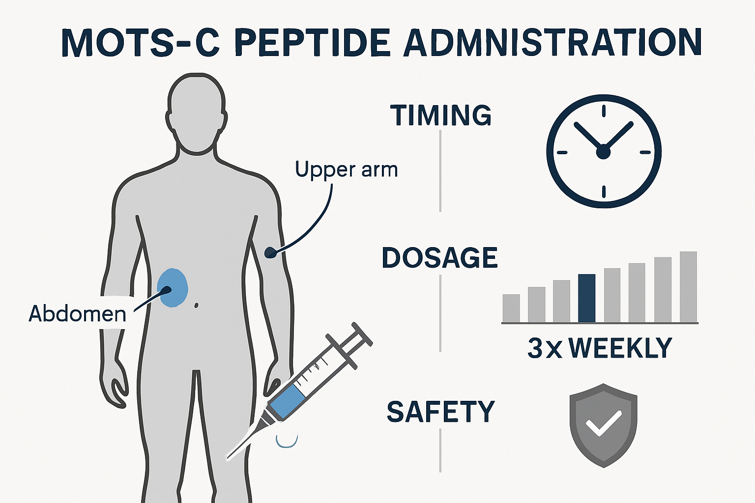 Professional scientific illustration displaying MOTS-C peptide administration methods with injection sites diagram on human silhouette, timi