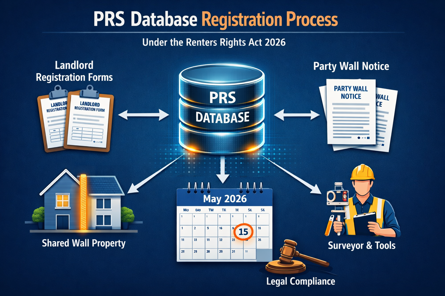 () infographic-style illustration showing a flowchart diagram of the PRS Database registration process under the Renters