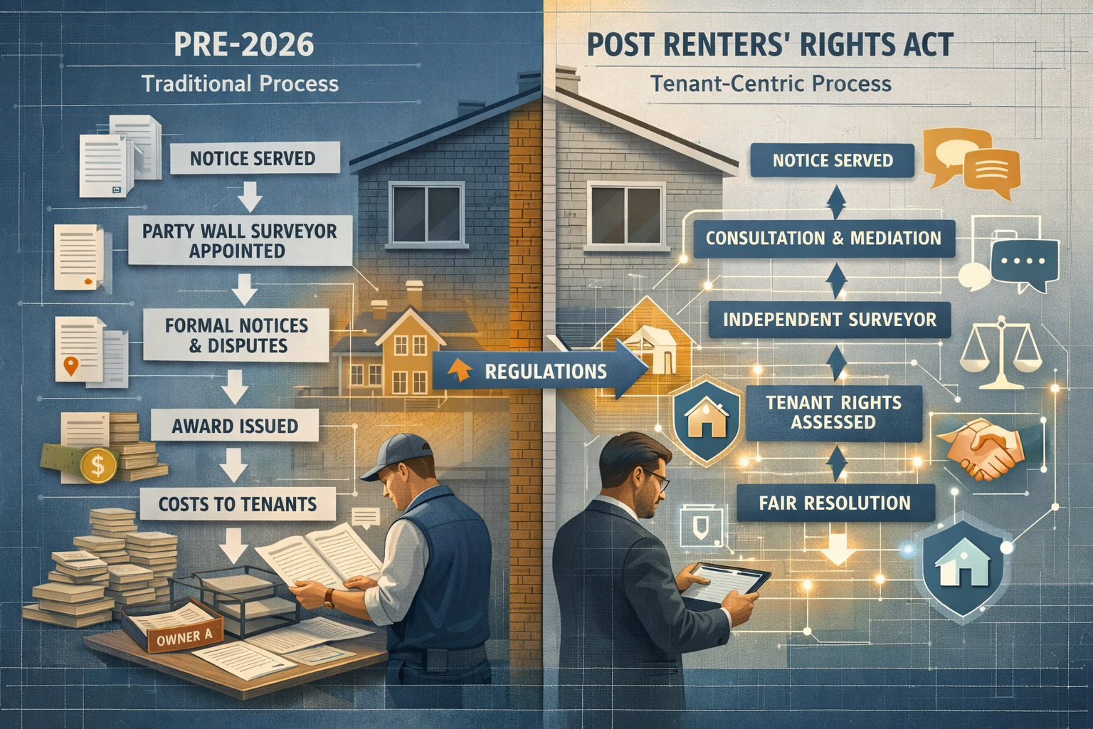 Detailed architectural visualization showing a split-screen infographic representing pre-2026 and post-Renters' Rights Act