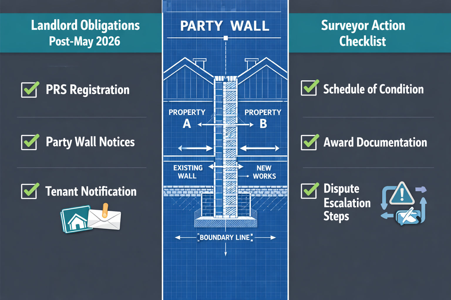 () split-panel checklist visual showing two parallel columns: left panel titled 'Landlord Obligations Post-May 2026' with