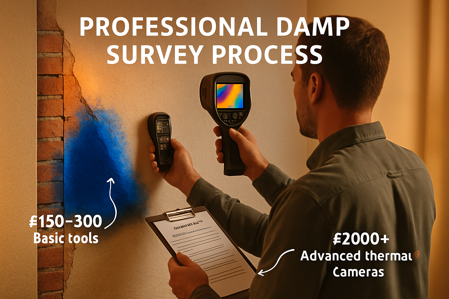 Professional surveyor conducting damp inspection in residential property, using thermal imaging camera and moisture meter on interior wall. 