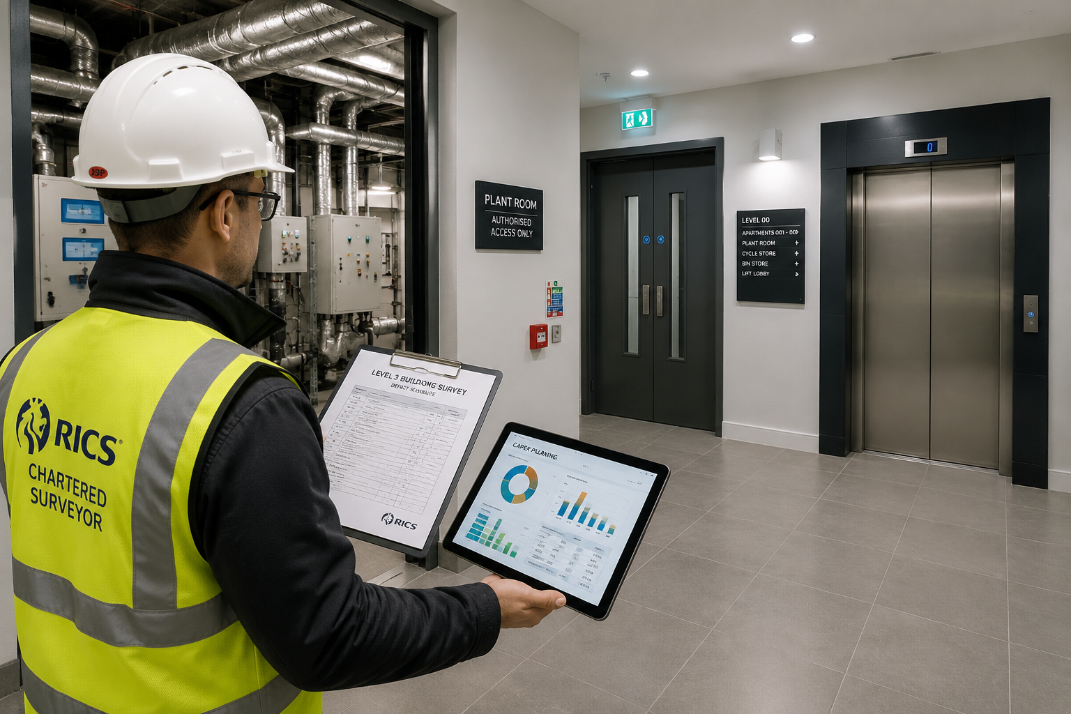 Wide-angle interior photograph of a RICS-qualified chartered surveyor in a hard hat and hi-vis vest conducting a Level 3