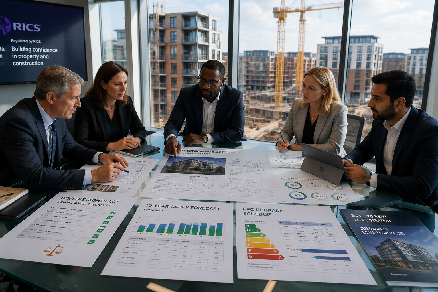 Boardroom scene showing institutional landlord executives and RICS surveyors reviewing large-format building survey reports