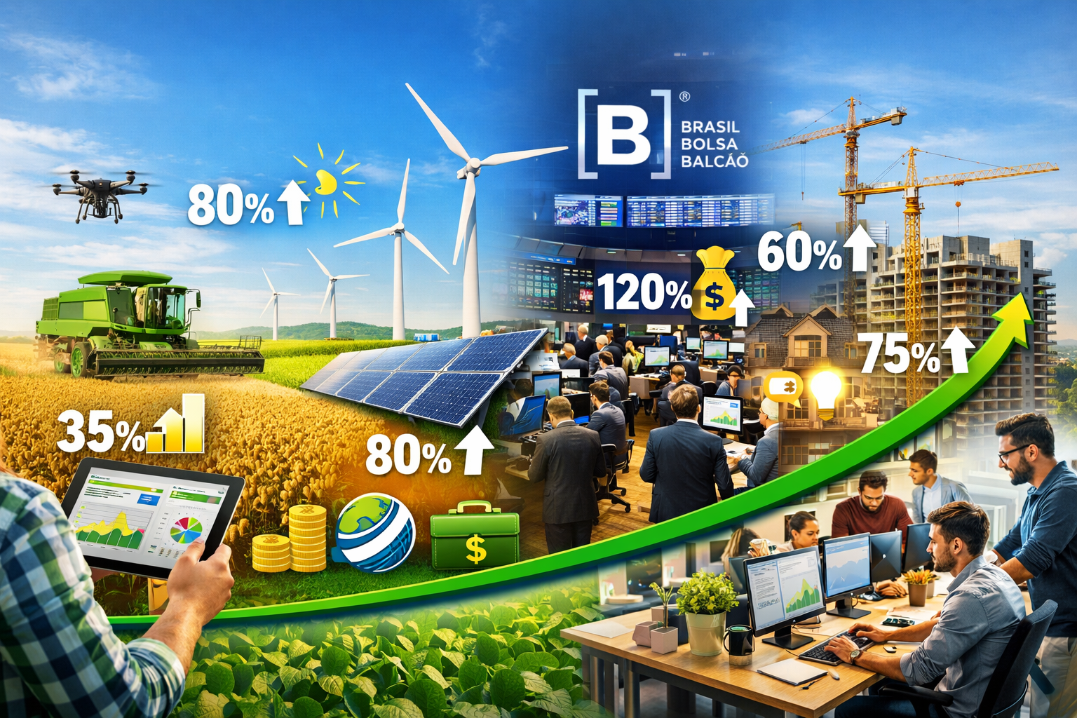 Wide landscape editorial image (1536x1024) showing diverse Brazilian economic sectors: modern agribusiness with soy fields and technology, r