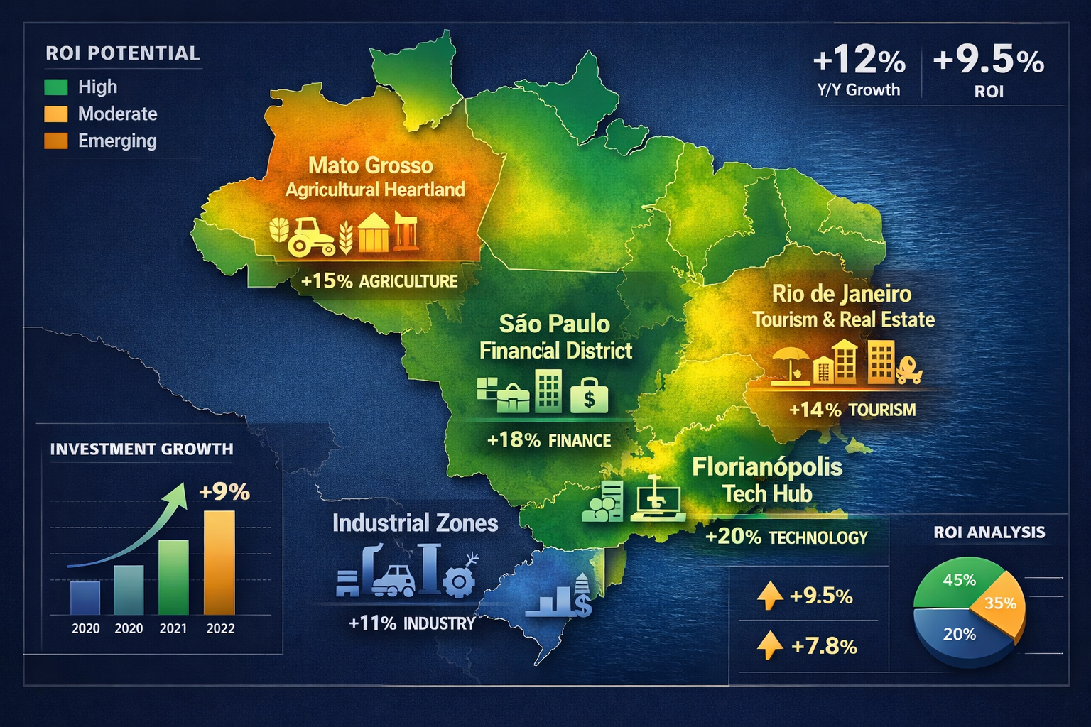 Detailed landscape infographic image (1536x1024) displaying map of Brazil with highlighted investment hotspots: São Paulo financial district