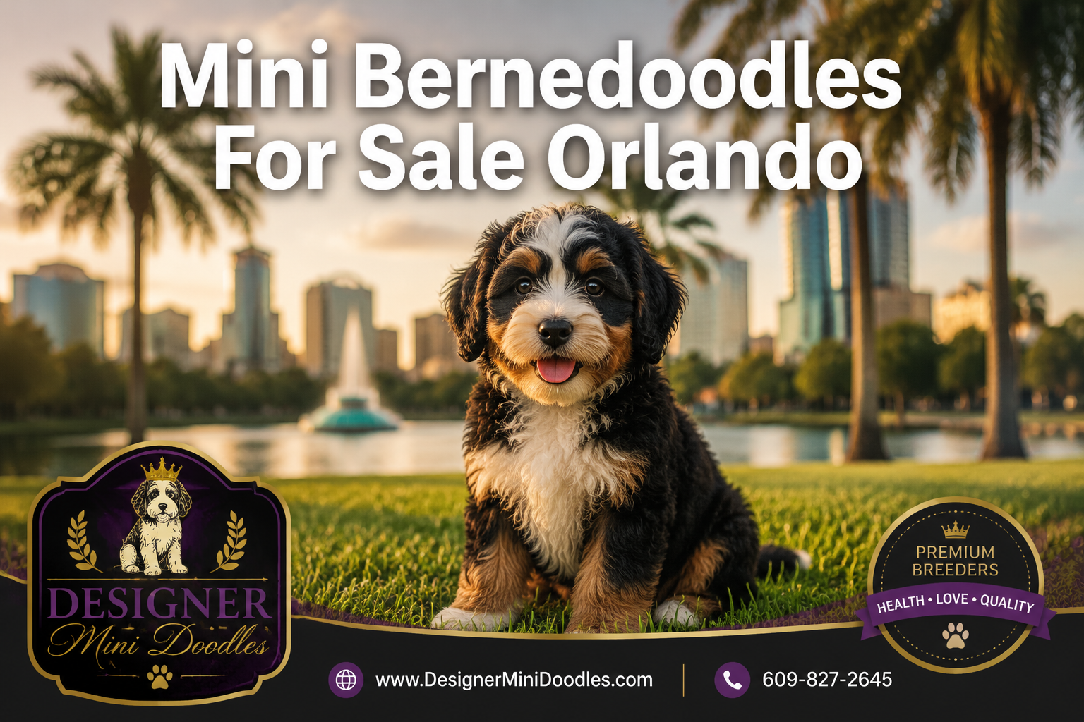 Professional () editorial hero image with 'Mini Bernedoodles For Sale Orlando' in white with subtle dark , centered in upper