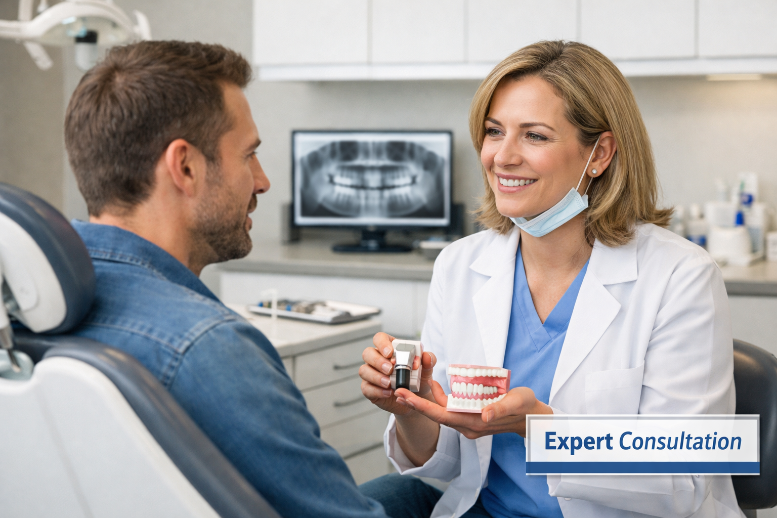 Landscape format (1536x1024) image of a confident individual discussing their options with a professional, empathetic dentist in a well-lit,