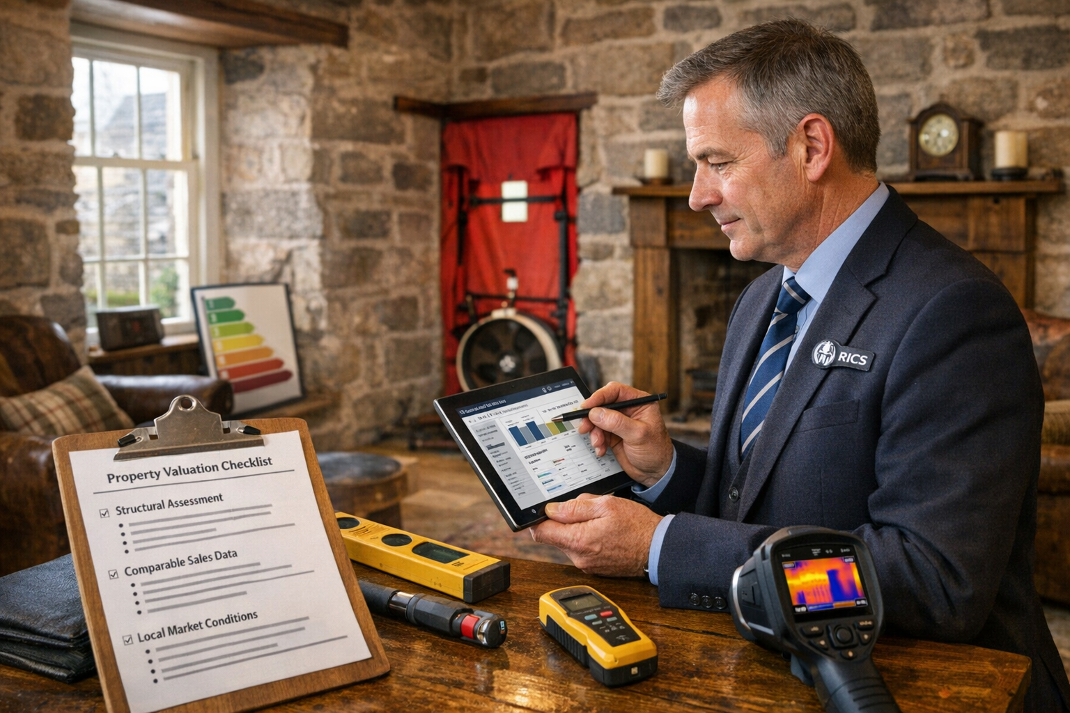 Detailed landscape format (1536x1024) professional scene showing RICS-qualified surveyor conducting detailed property valuation in tradition