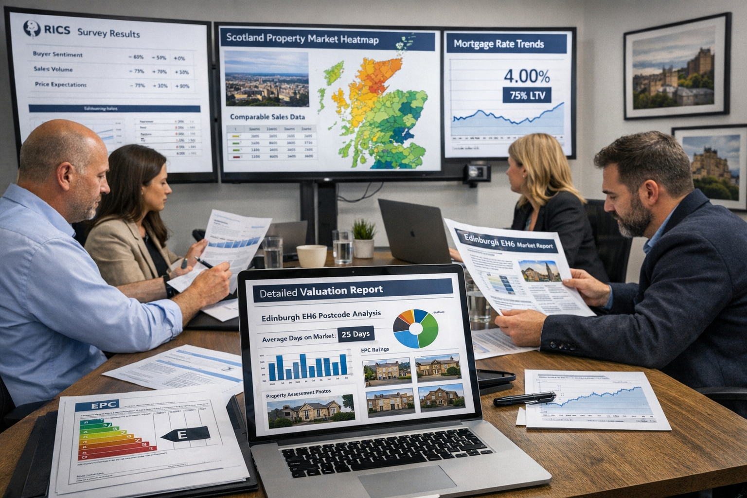 Detailed landscape format (1536x1024) modern office scene showing surveyor team analyzing Scottish property market data and implementing pre