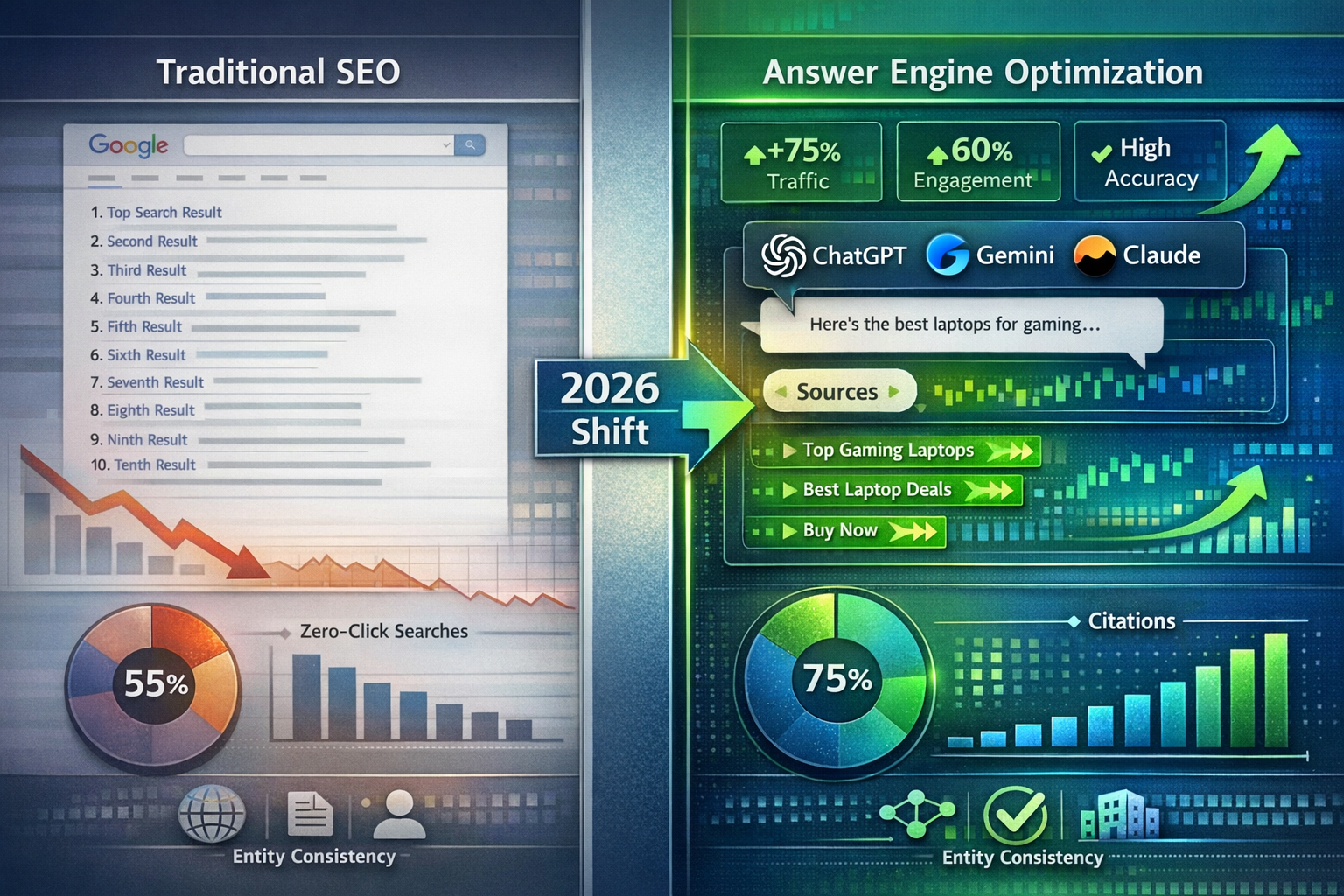 Landscape format (1536x1024) detailed infographic illustration showing the evolution from traditional SEO to Answer Engine Optimization with