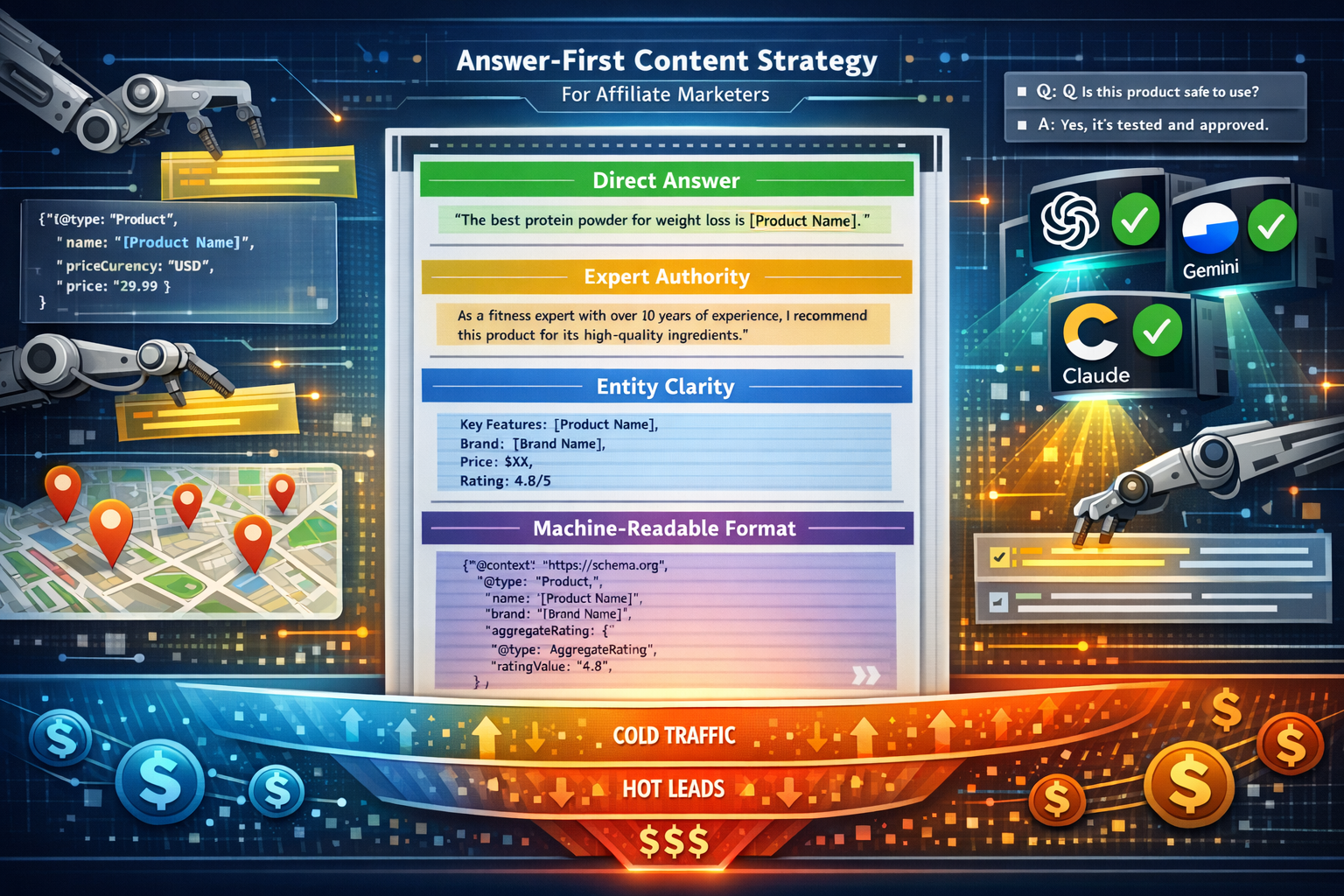 Landscape format (1536x1024) conceptual illustration demonstrating answer-first content strategy for affiliate marketers. Central focus: str