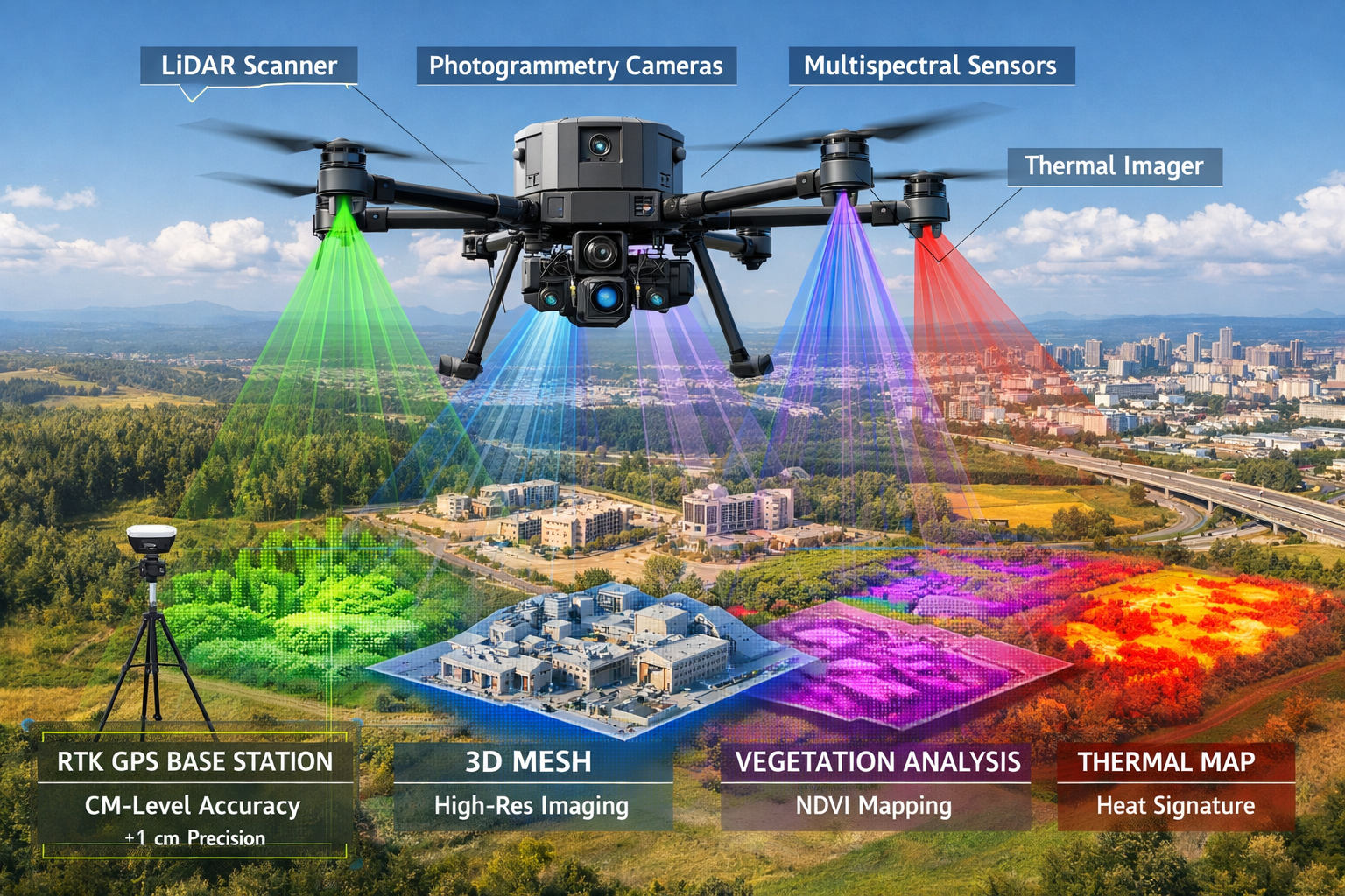Landscape format (1536x1024) comprehensive visualization of multi-sensor drone array system in operation. Main subject: advanced surveying d