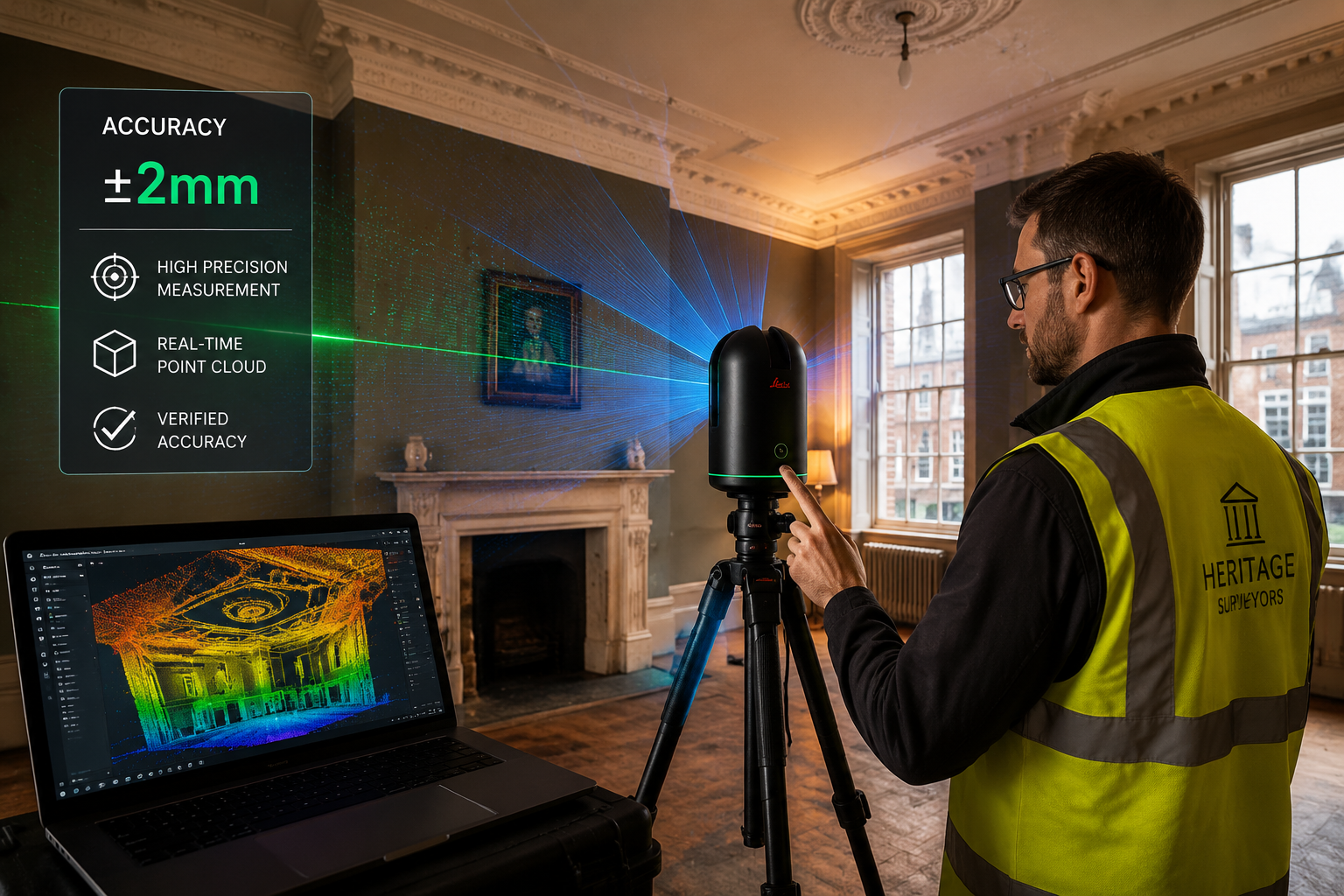 Wide-angle () showing a professional UK building surveyor operating a Leica BLK360 laser scanner inside a period Georgian