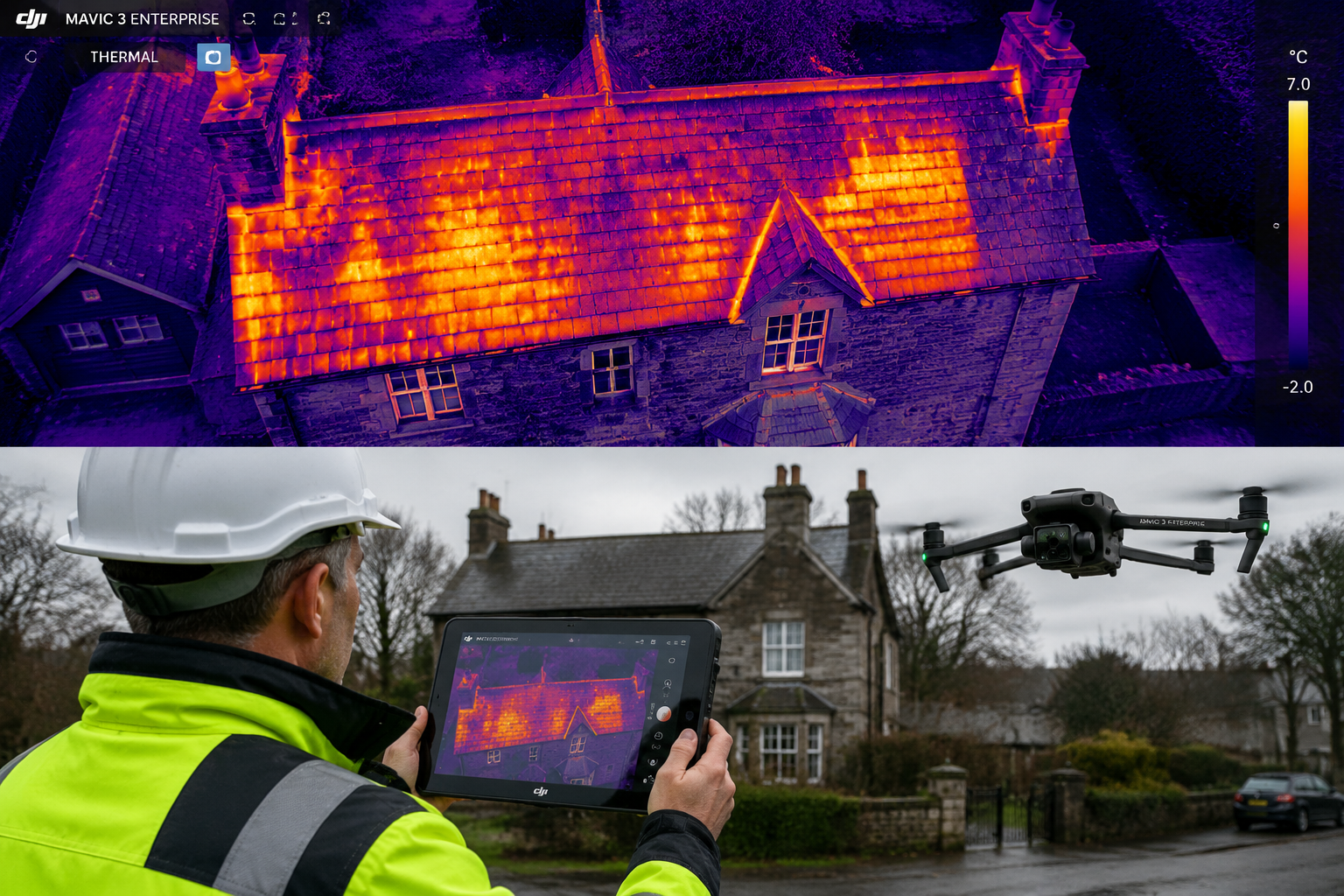 Aerial drone photography perspective () showing a compact DJI Mavic 3 Enterprise drone hovering above a traditional UK slate