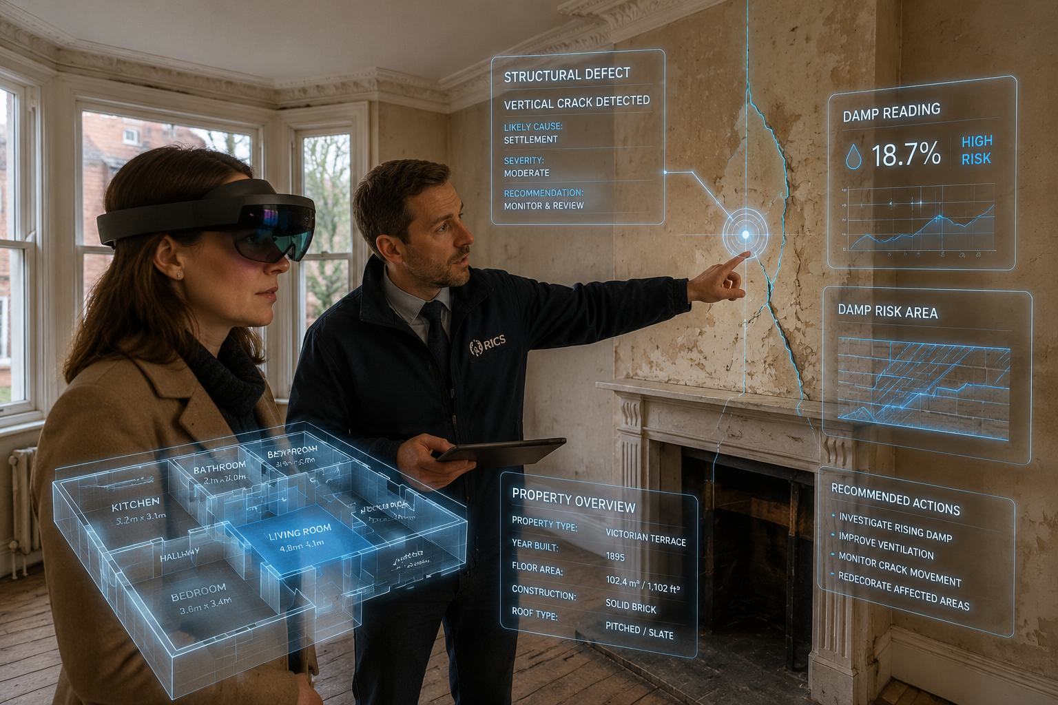 Close-up () showing a UK homebuyer wearing a Microsoft HoloLens AR headset standing inside an empty living room of a