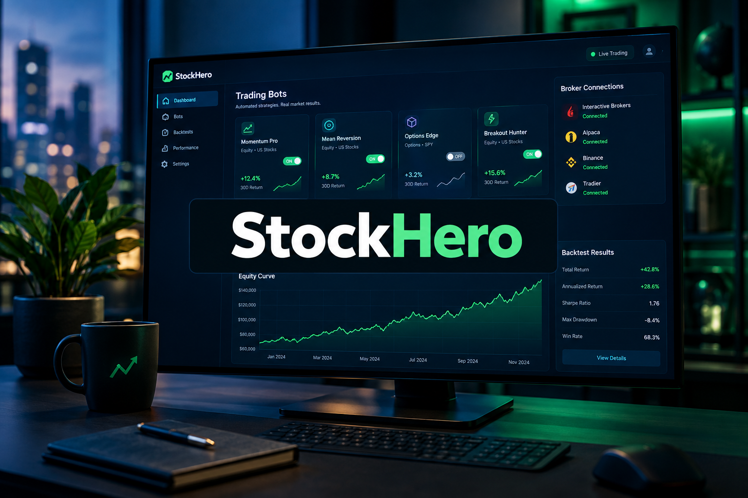 Professional magazine-quality hero image for "StockHero" with SHORT "StockHero" (≤42 chars) in a on a high-contrast dark
