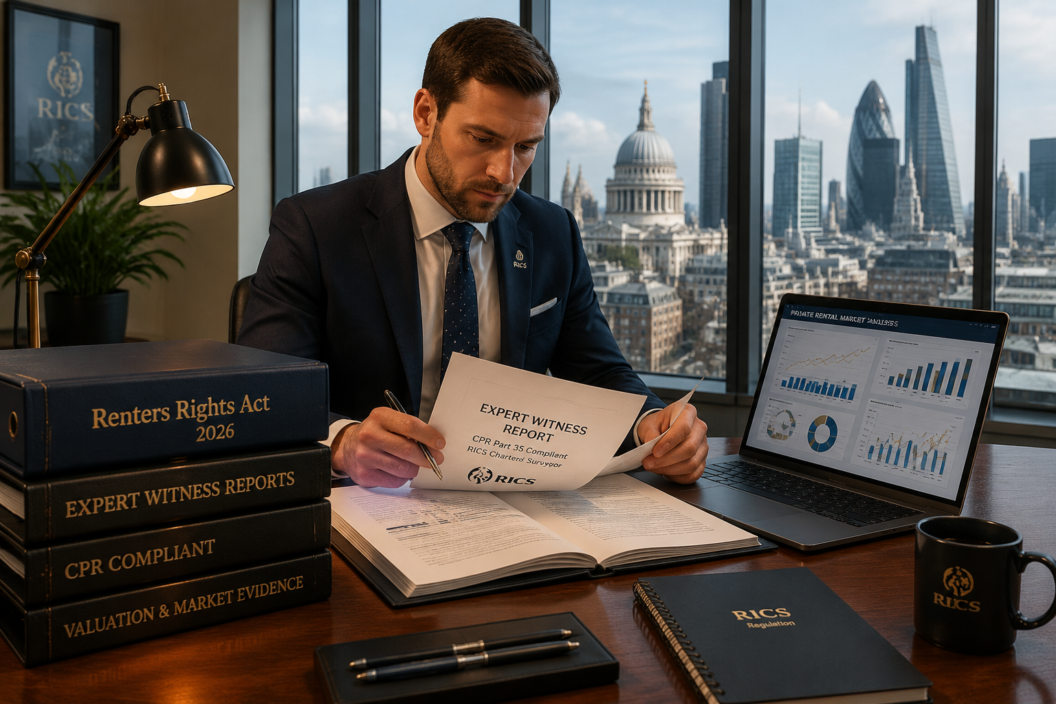 Detailed () illustration showing a RICS chartered surveyor at a wide mahogany desk reviewing CPR-compliant expert witness