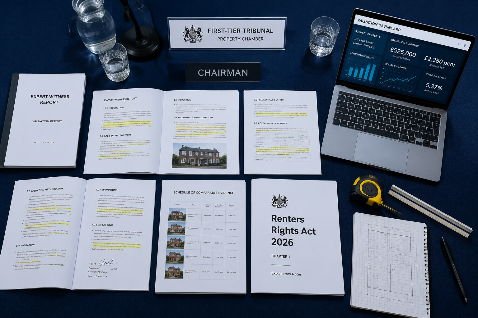 Aerial () bird's-eye view of a formal tribunal hearing table with multiple expert witness reports spread out, highlighted