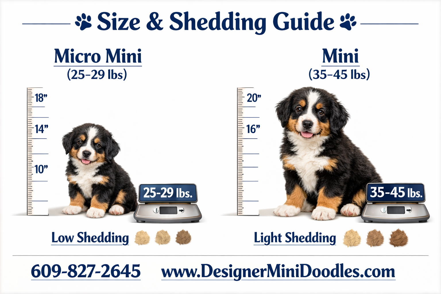 Detailed () image showing a side-by-side size comparison chart of miniature Bernese mountain dog puppies: Micro Mini (25-29