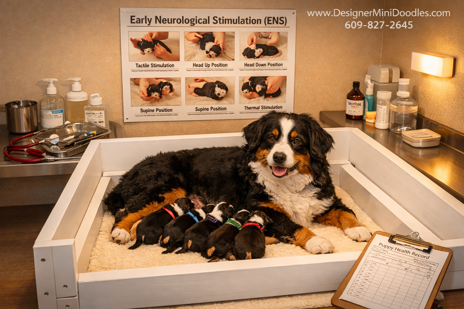 Detailed () image depicting a professional whelping suite with a female miniature Bernese mountain dog nursing puppies in a