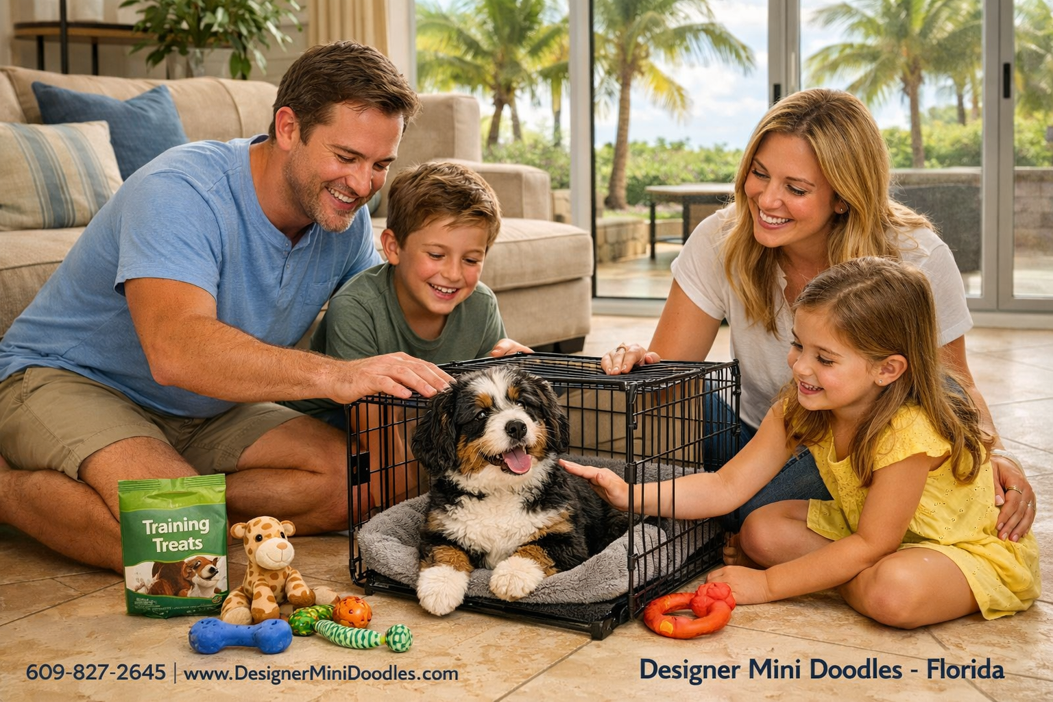 Detailed () image showing a happy family in a Florida living room with tile floors and large windows showing palm trees
