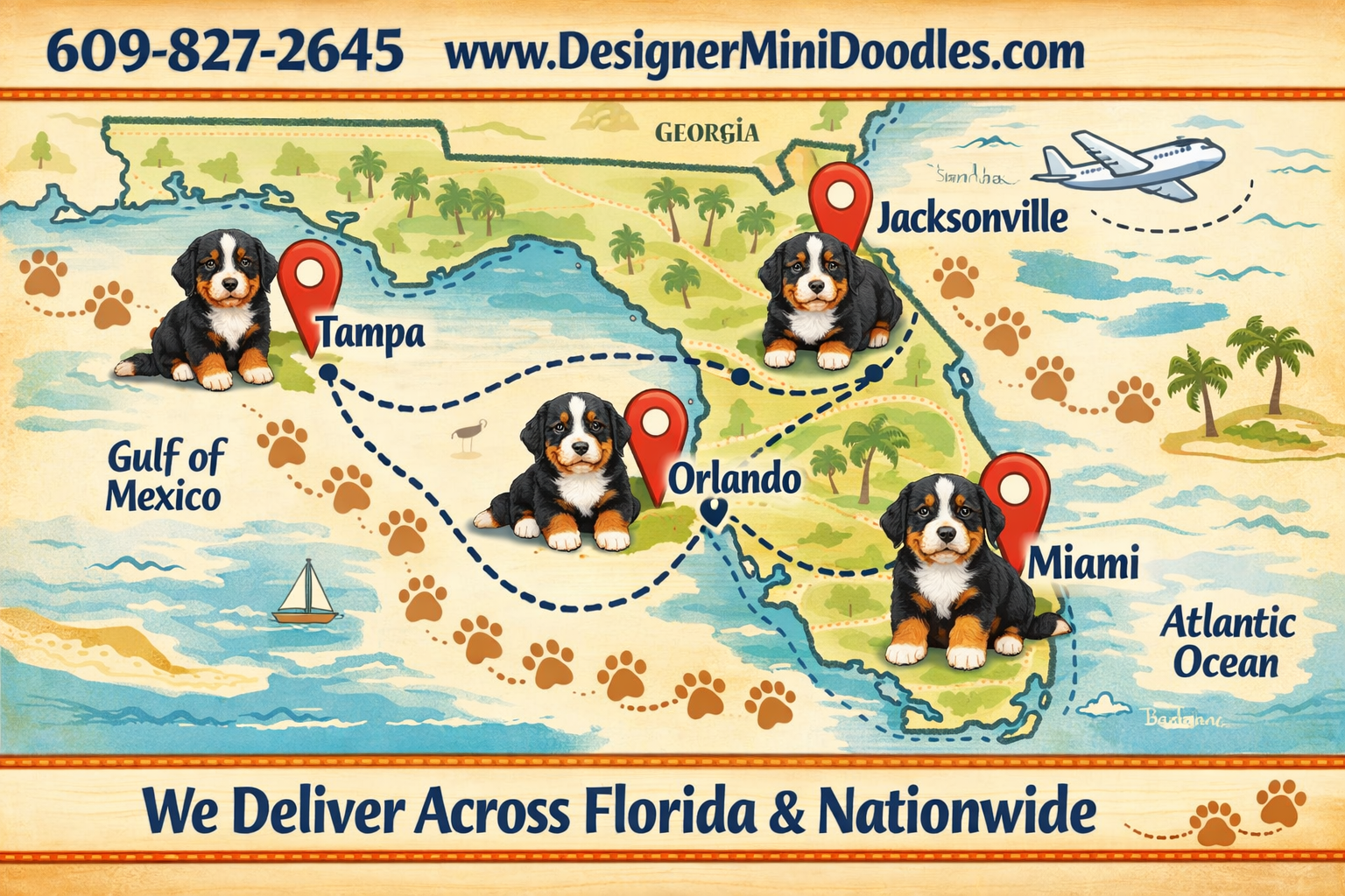 Detailed () image showing a map of Florida with pinned locations including Tampa, Orlando, Jacksonville, and Miami, with