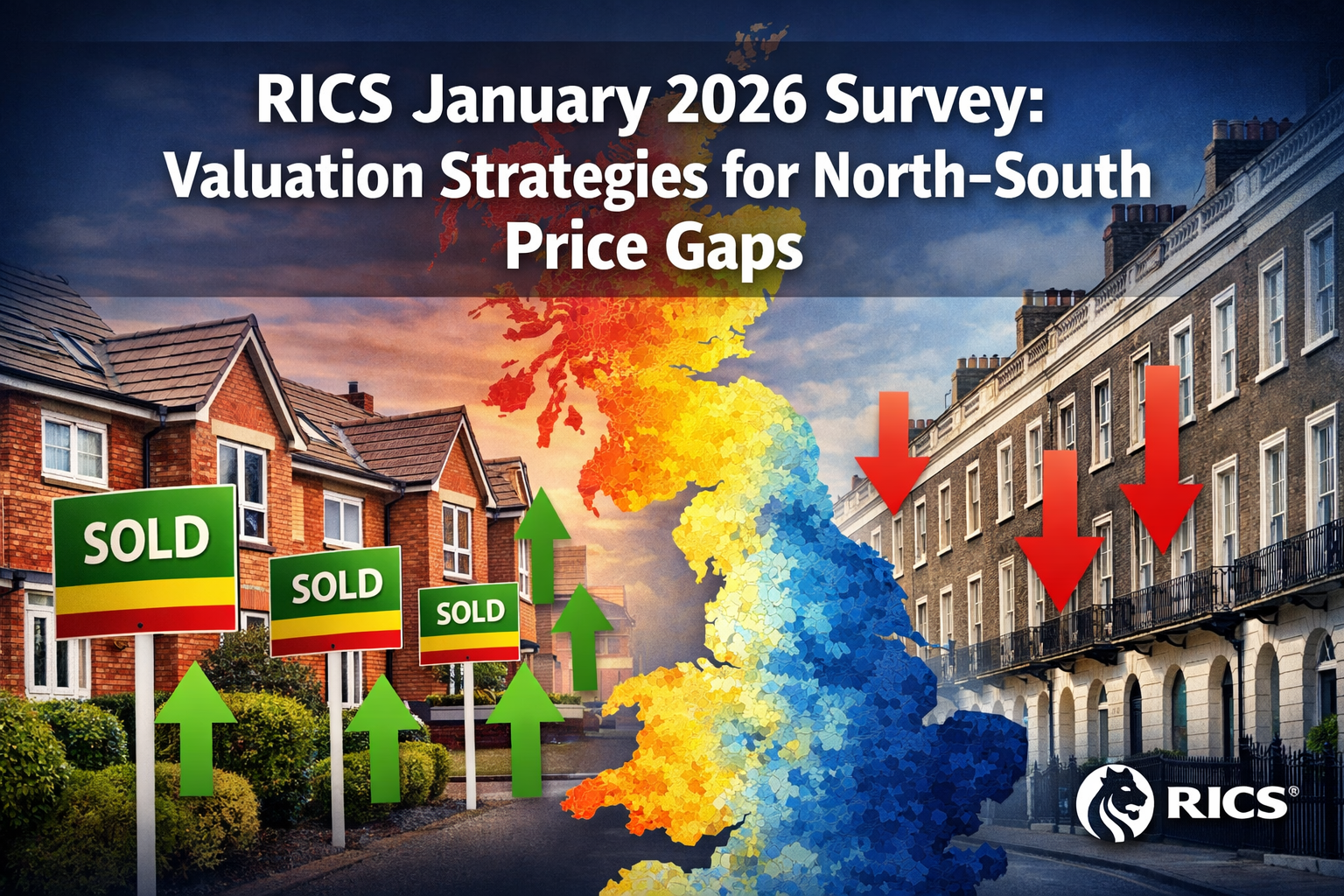 Professional () hero image featuring 'RICS January 2026 Survey: Valuation Strategies for North-South Price Gaps' in extra