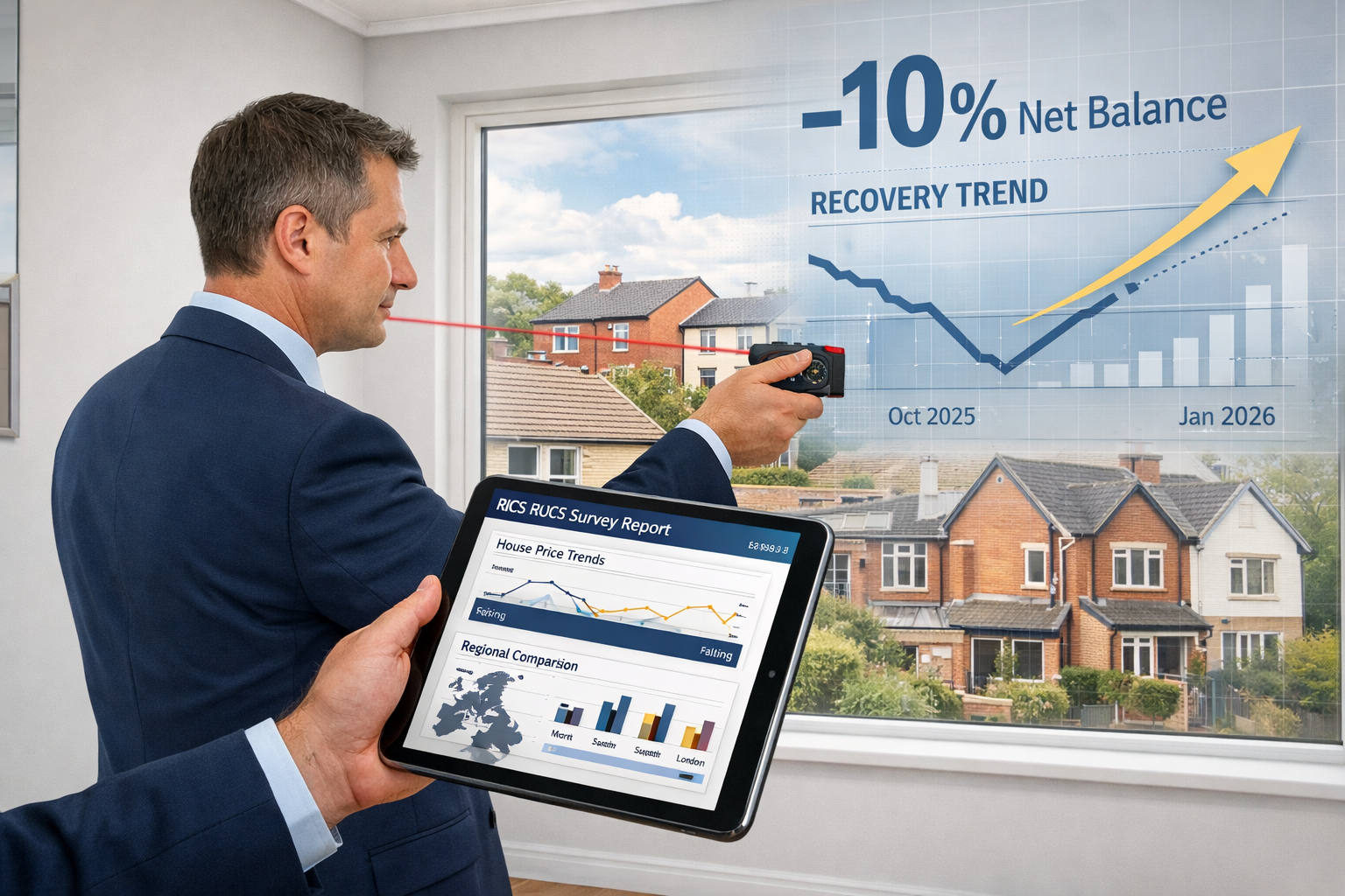 Detailed () editorial illustration showing professional chartered surveyor in business attire conducting property inspection