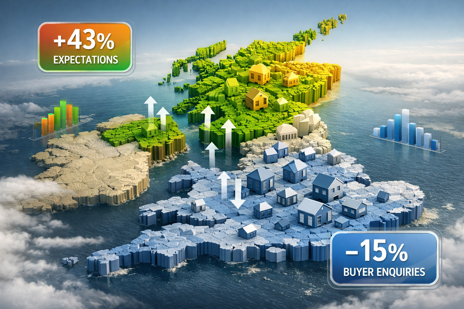Wide-angle () conceptual map visualization of United Kingdom with three-dimensional topographic representation showing