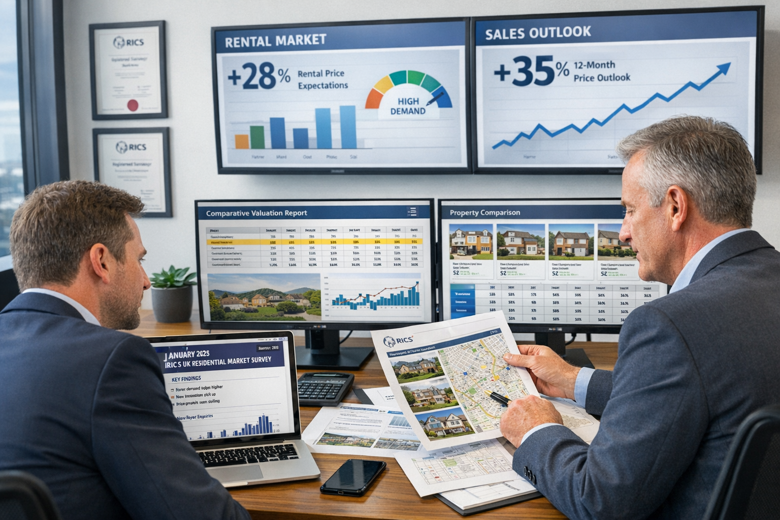 Detailed () professional office scene showing two RICS chartered surveyors collaborating at modern desk with dual monitors