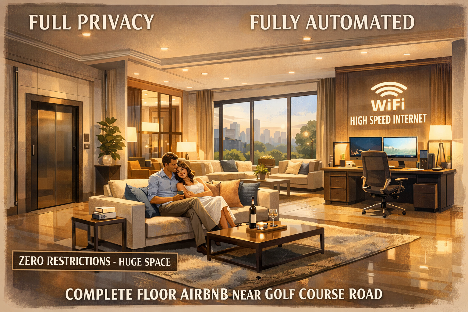 A beautifully rendered architectural illustration of a sophisticated, fully private, complete floor Airbnb apartment near