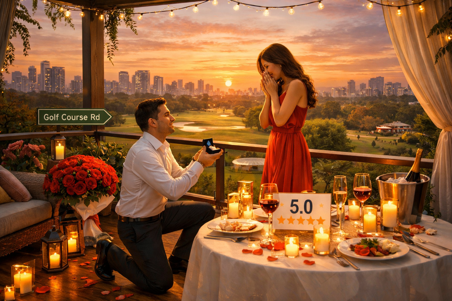 An artistic rendering of a romantic proposal scene on a private terrace of a luxury Airbnb, overlooking the lush greenery of