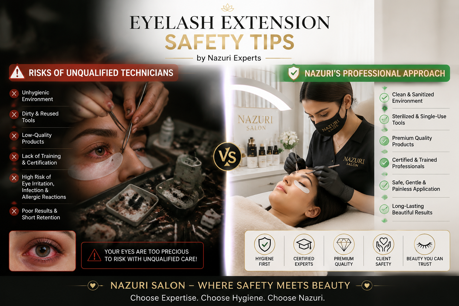 Detailed () image illustrating the contrast between safe and unsafe lash extension practices. On one side, a blurred,