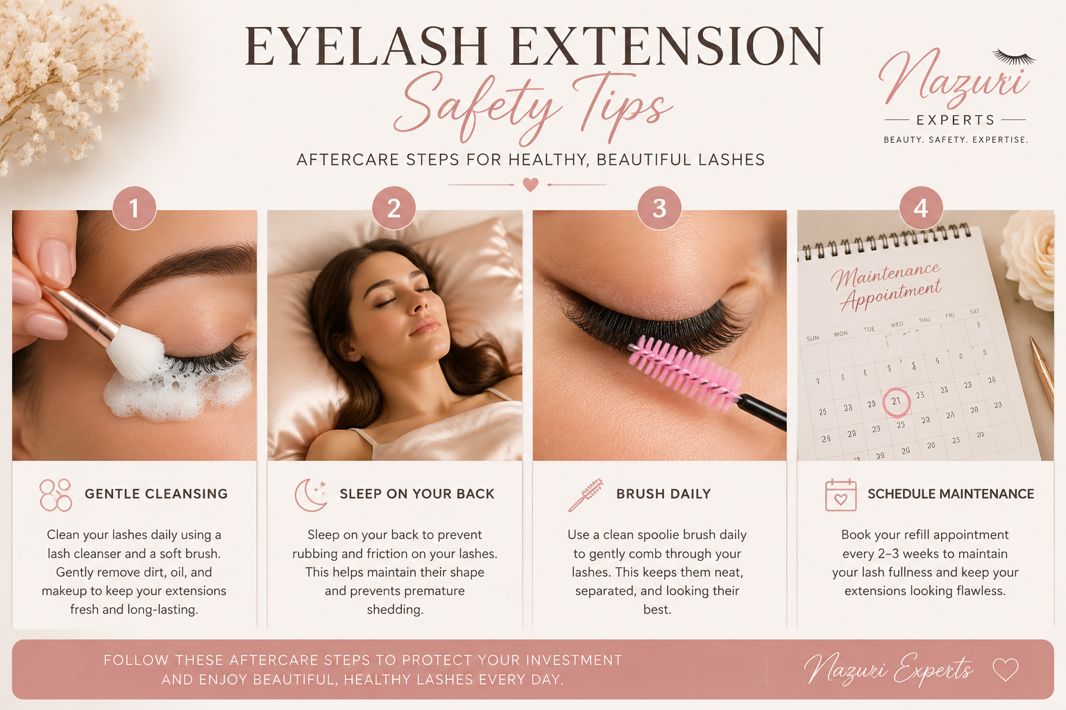 Detailed () image showcasing a sequence of aftercare steps for eyelash extensions. It features four distinct panels: 1) a