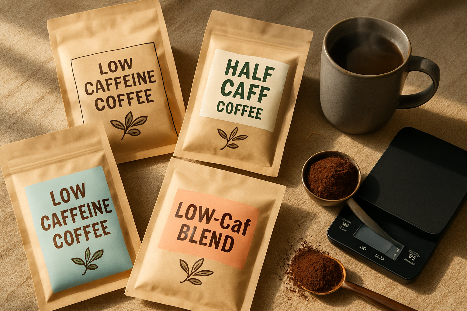 A beautifully composed flat lay image featuring various bags of low caffeine coffee beans, distinctively branded, alongside a ceramic coffee