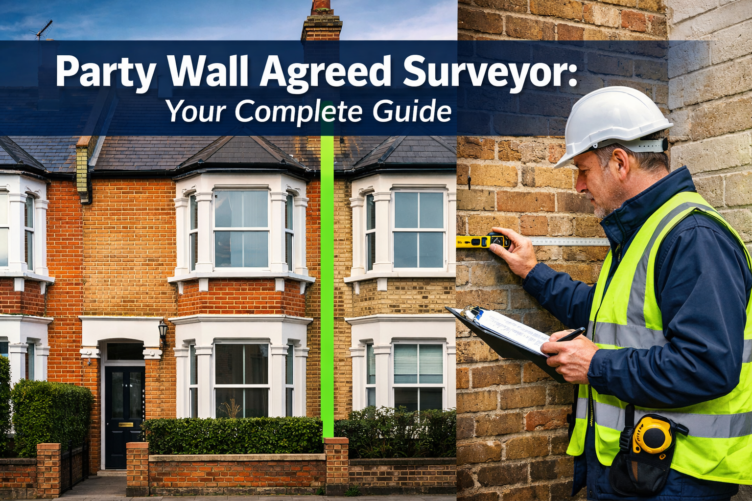 Professional landscape hero image (1536x1024) featuring bold text overlay 'Party Wall Agreed Surveyor: Your Complete Guide' in extra large 7