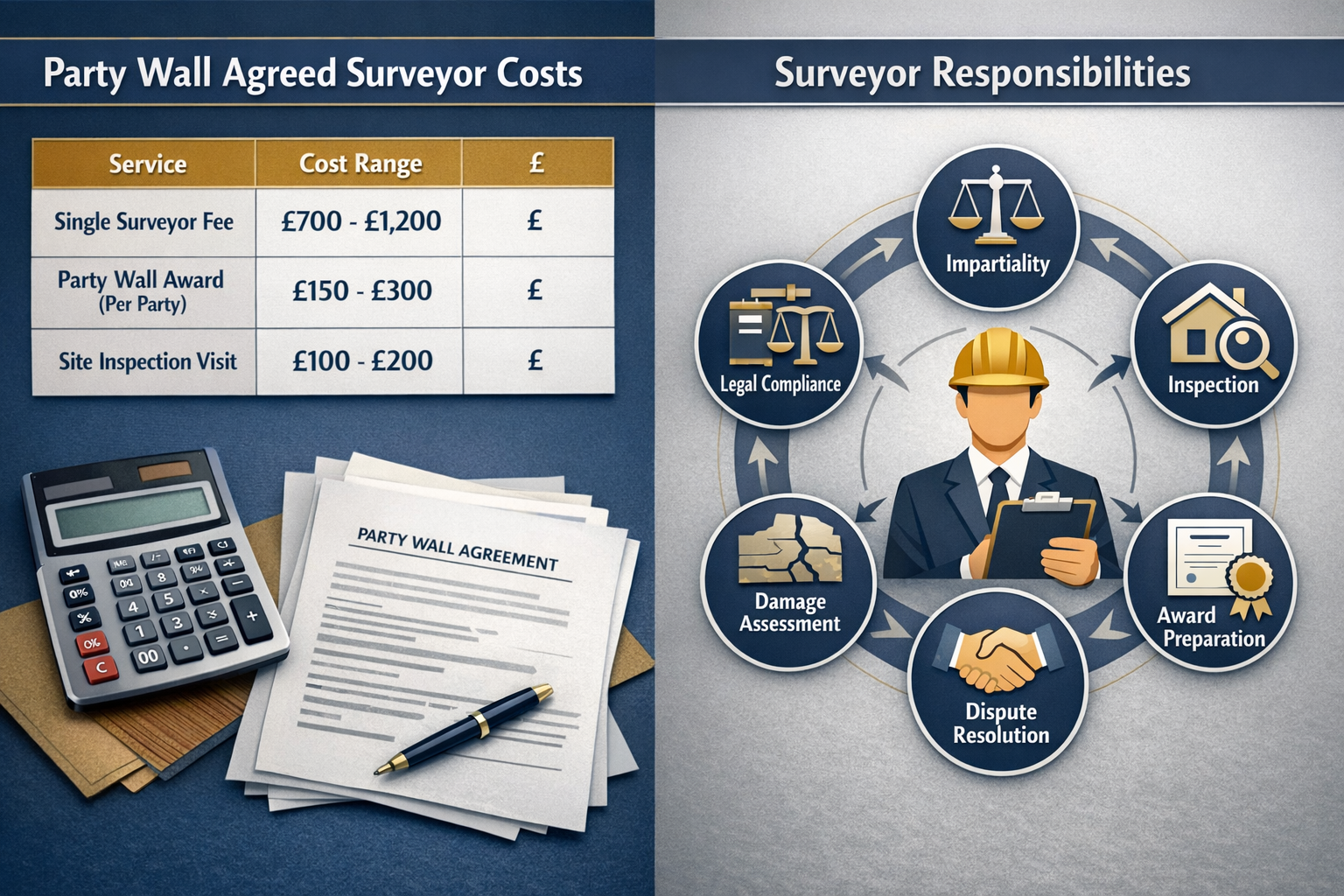 Comprehensive landscape infographic (1536x1024) displaying party wall agreed surveyor costs breakdown and responsibilities comparison. Split