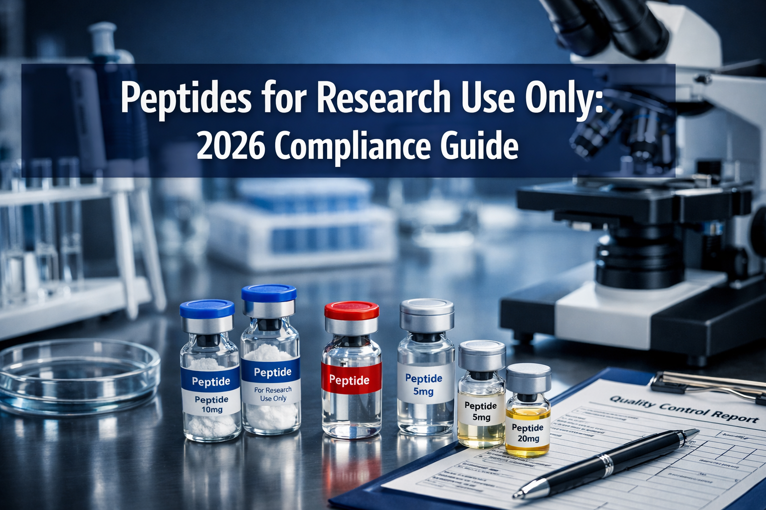 Professional landscape format (1536x1024) hero image with bold text overlay 'Peptides for Research Use Only: 2026 Compliance Guide' in extra