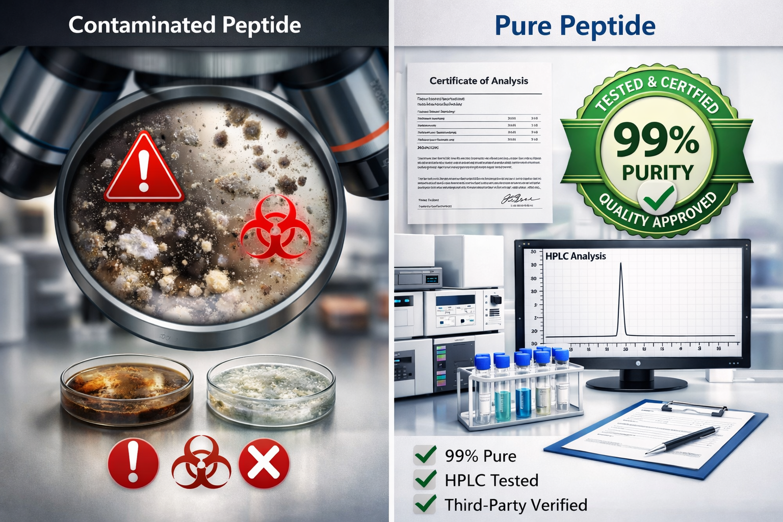 Landscape format (1536x1024) scientific comparison visualization showing peptide quality testing protocols with split-screen composition: le