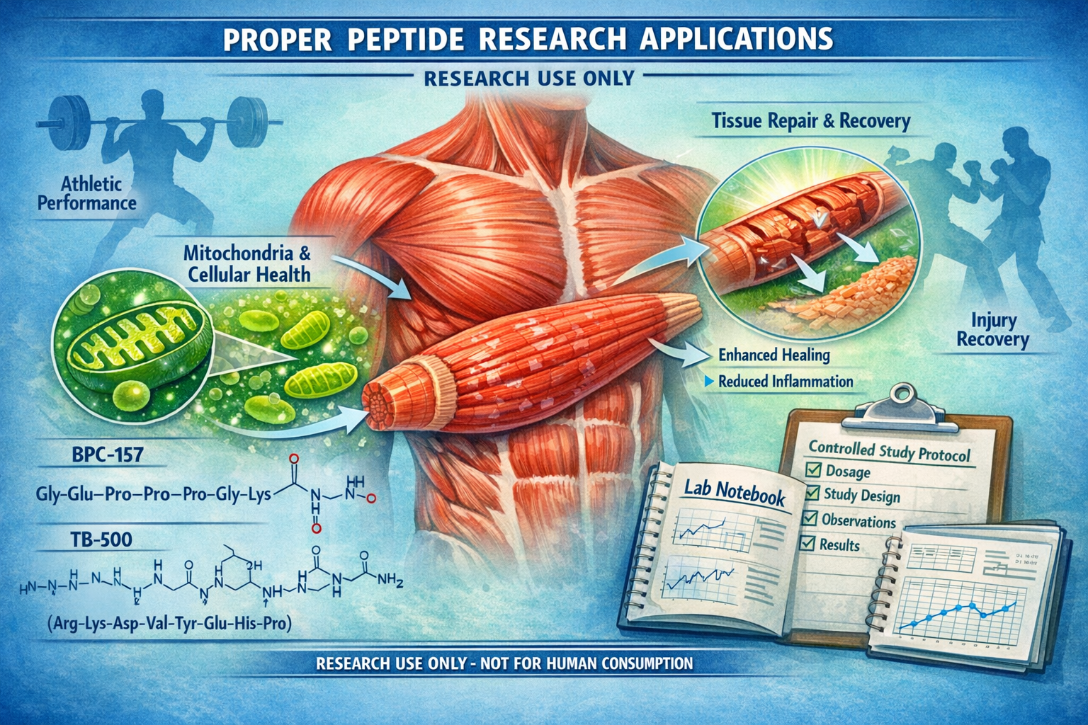 Landscape format (1536x1024) educational diagram illustrating proper peptide research applications with anatomical overlay showing muscle ti