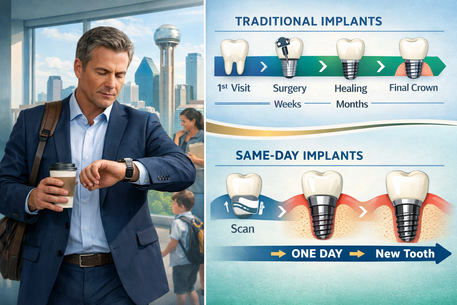 Detailed () image illustrating the concept of 'same-day' efficiency in dentistry. A split image showing two distinct scenes: