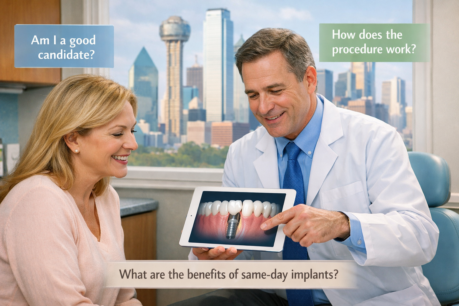 () image depicting a reassuring consultation between a Dallas dentist and a patient discussing same-day dental implant