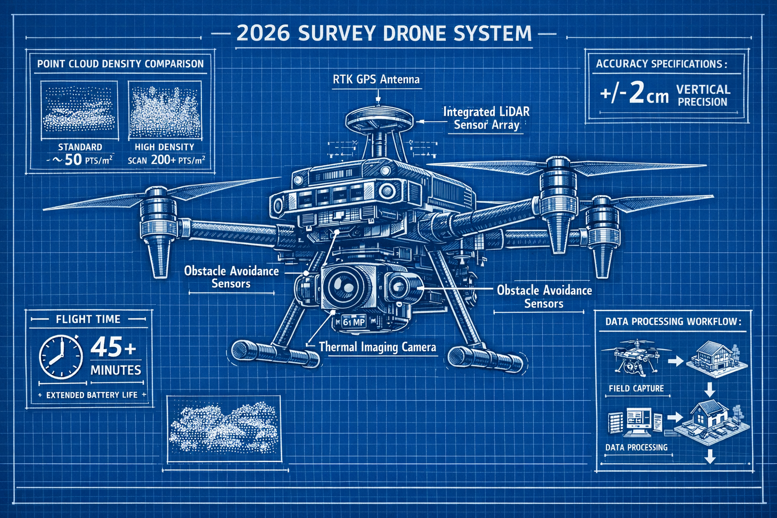 Detailed landscape format (1536x1024) technical illustration showing cutaway view of advanced 2026 survey-grade drone with labeled component