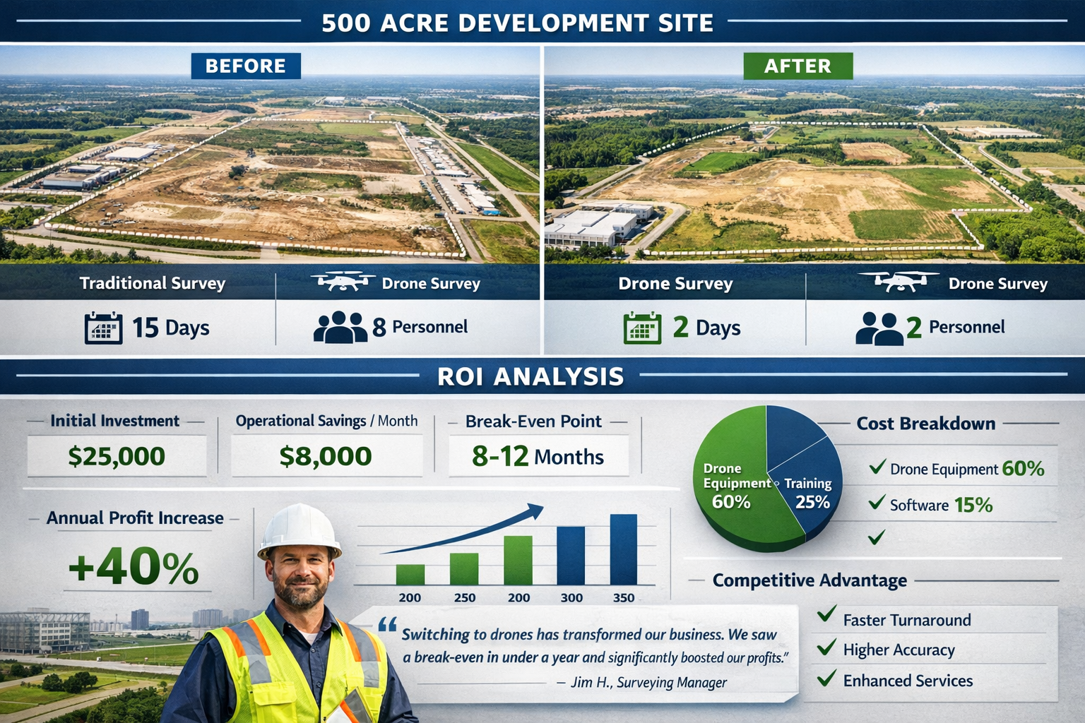 Detailed landscape format (1536x1024) split-screen case study visualization showing real-world ROI analysis for surveying firm adopting dron