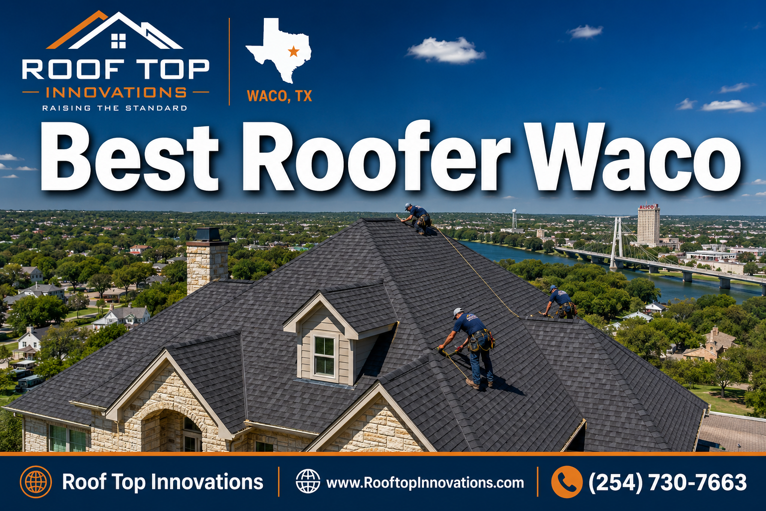 Professional () hero image featuring 'Best Roofer Waco' in extra large white with dark effect, centered in upper third.